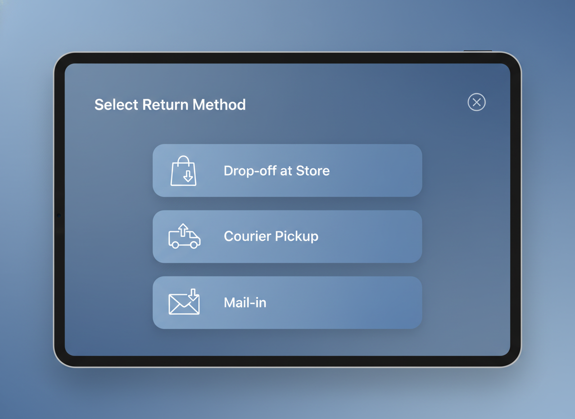 Select Return Method screen: Drop-off at Store, Courier Pickup, Mail-in options